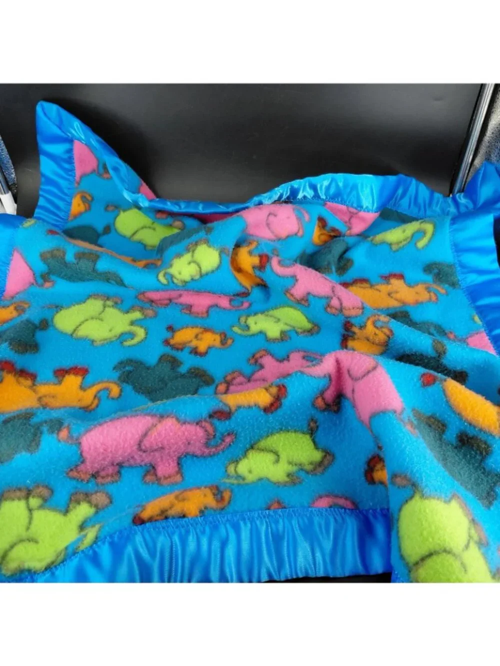 Handmade Baby Crib Blanket Multicolor Elephants Fleece Satin Trim 28x30 Boys
